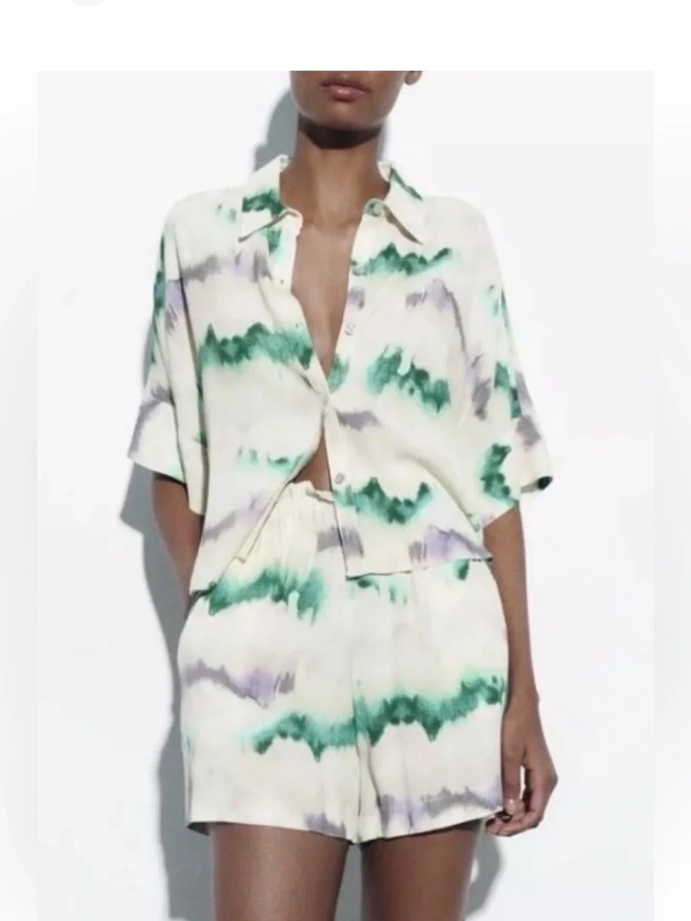 Zara Tie-Dye Matching Set Button-Down Shirt Breathable Elastic Waist Shorts XS